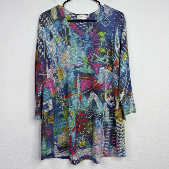 Atelier5 Womens L Colorful 3/4 Sleeve V-Neck Abstract Artsy Hippie Boho Tunic - Picture 1 of 6